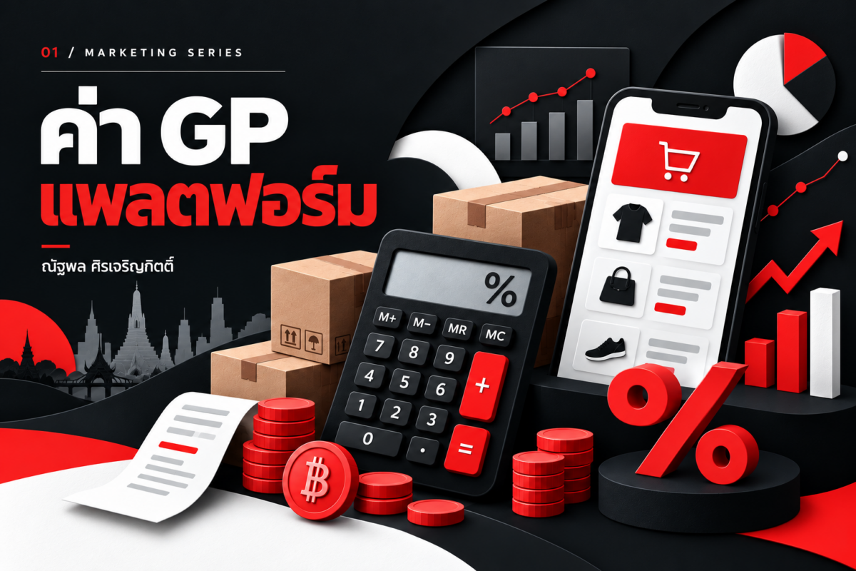 ภาพประกอบค่า GP แพลตฟอร์ม เครื่องคิดเลขและต้นทุนขายออนไลน์ โทนดำขาวแดง