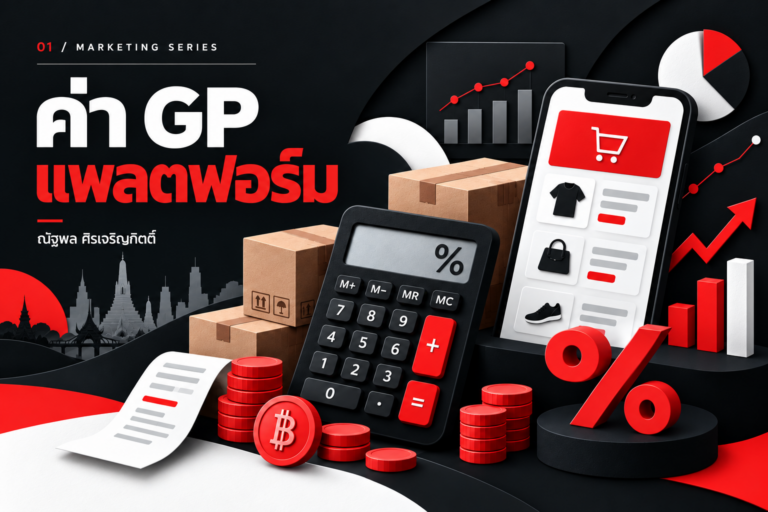 ภาพประกอบค่า GP แพลตฟอร์ม เครื่องคิดเลขและต้นทุนขายออนไลน์ โทนดำขาวแดง