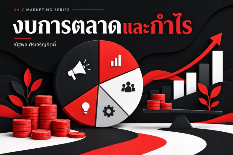 แผนภูมิจัดสรรงบและเหรียญแสดงต้นทุนกับกำไร โทนดำขาวแดง