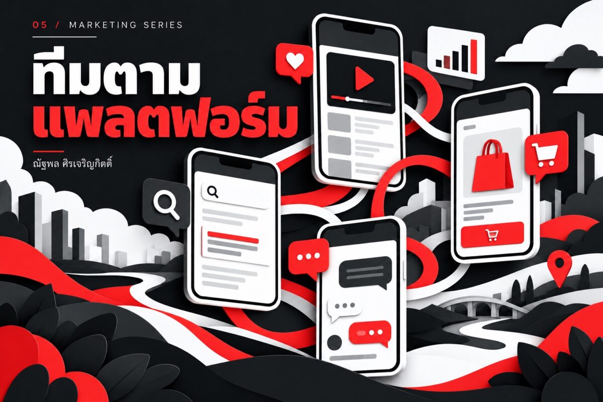 โทรศัพท์เชื่อมช่องทางวิดีโอ ค้นหา แชท และร้านค้า โทนดำขาวแดง