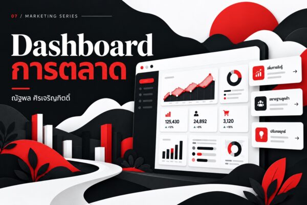 หน้าจอ Dashboard พร้อมกราฟและข้อมูลการตลาด โทนดำขาวแดง