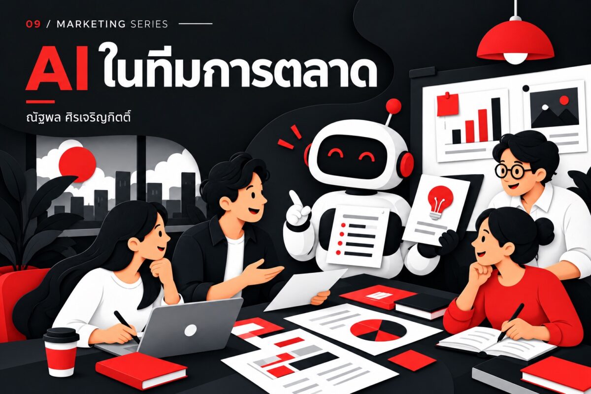 ทีมการตลาดใช้ผู้ช่วย AI จัดระเบียบเนื้อหาและงาน โทนดำขาวแดง